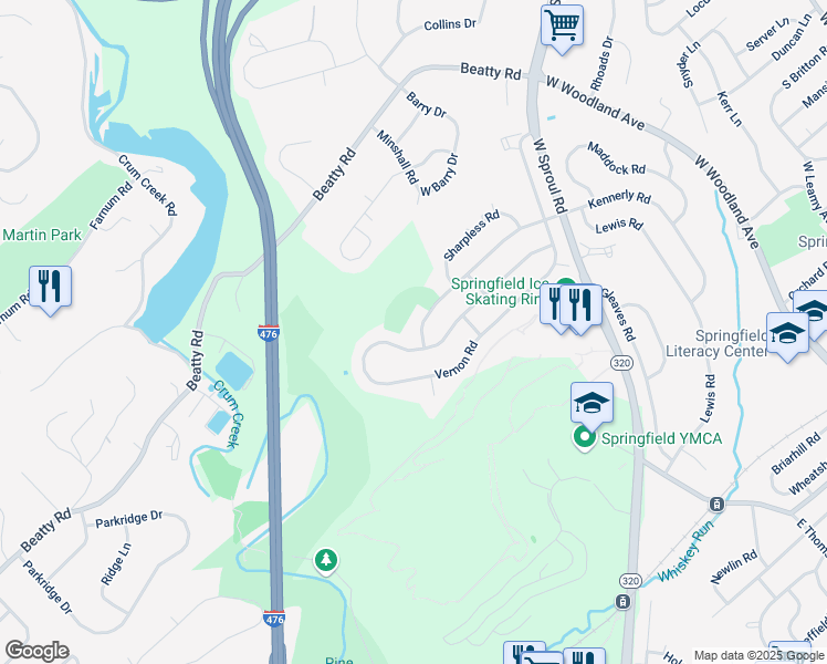 map of restaurants, bars, coffee shops, grocery stores, and more near 639 Kennerly Road in Springfield