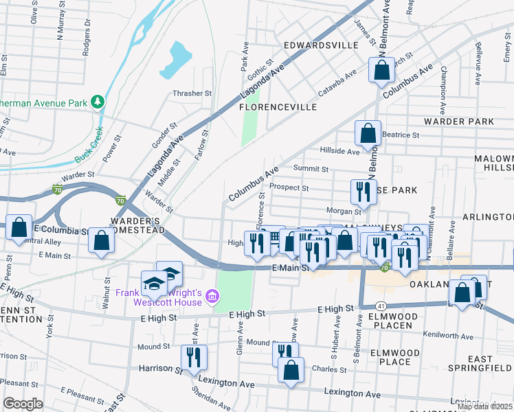 map of restaurants, bars, coffee shops, grocery stores, and more near 231 North Florence Street in Springfield