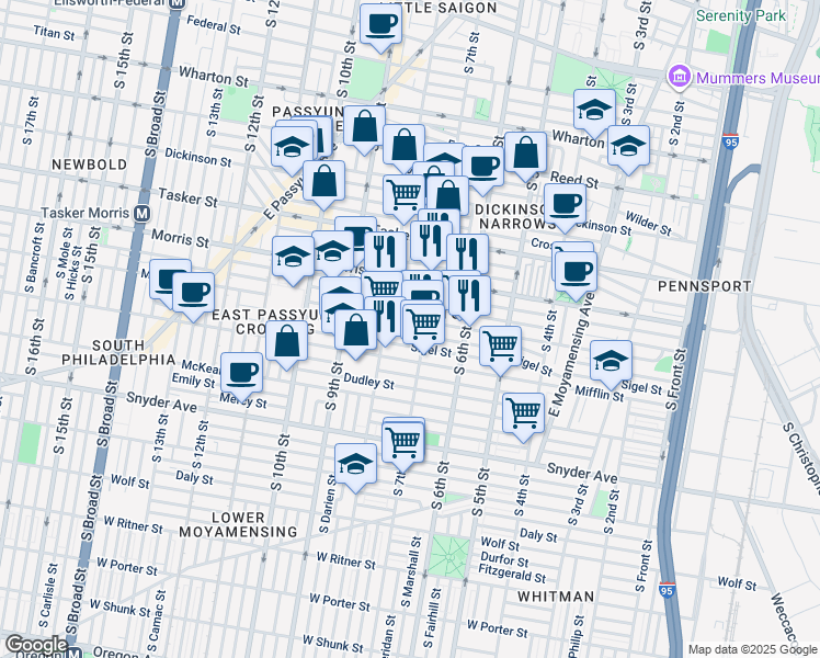map of restaurants, bars, coffee shops, grocery stores, and more near 719 McClellan Street in Philadelphia