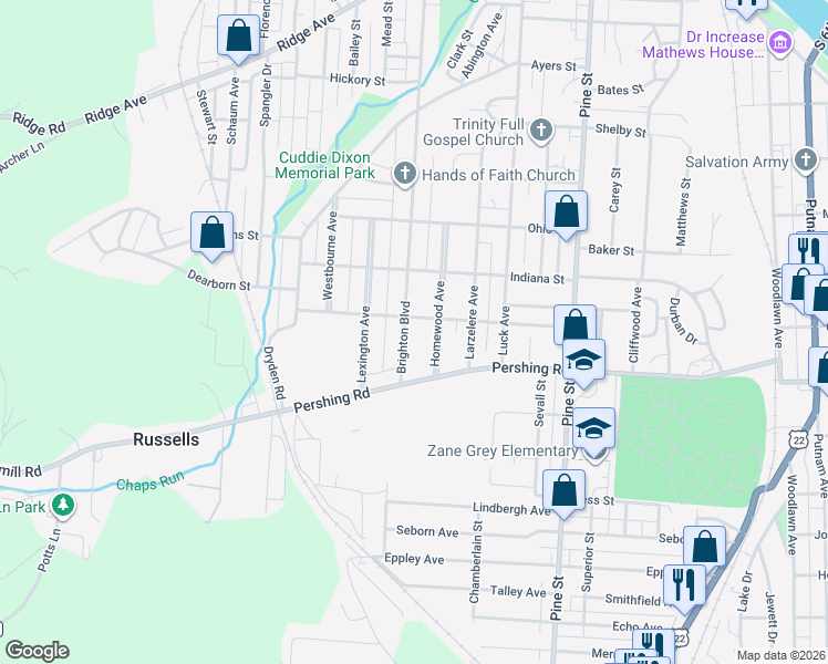 map of restaurants, bars, coffee shops, grocery stores, and more near 815 Brighton Boulevard in Zanesville