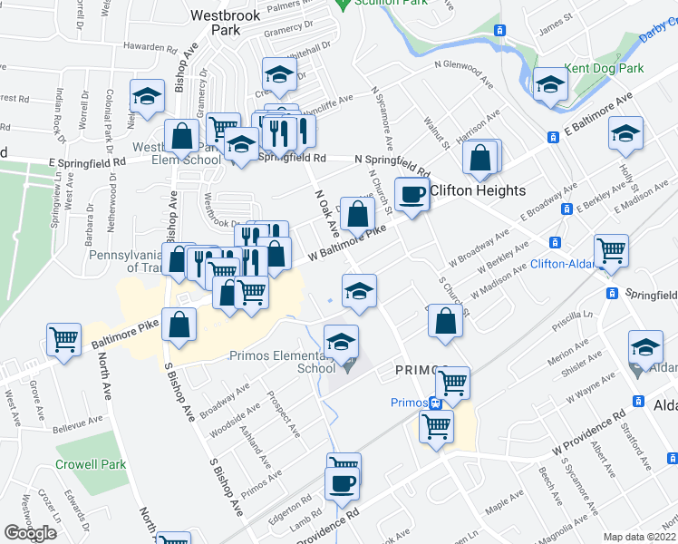 map of restaurants, bars, coffee shops, grocery stores, and more near 802 Cambridge Circle in Clifton Heights