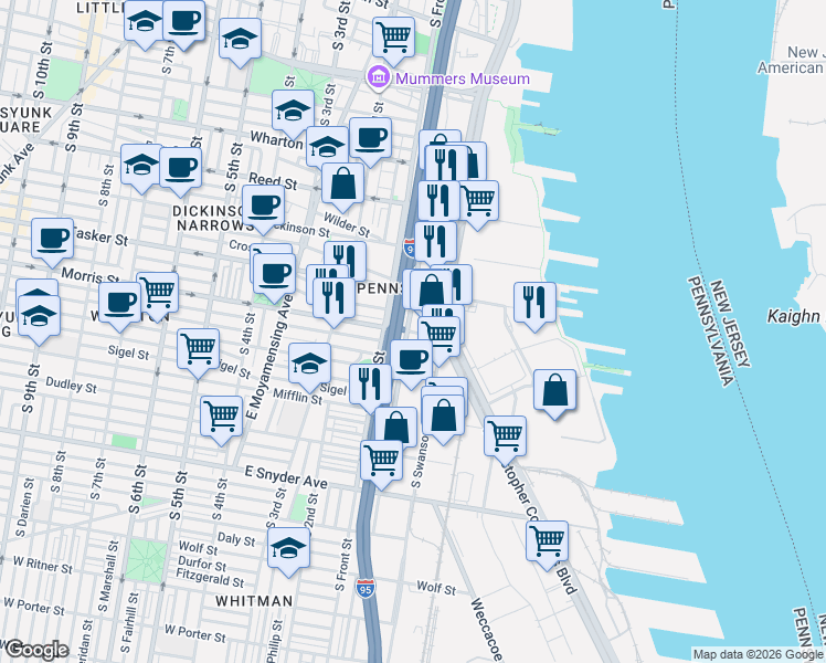 map of restaurants, bars, coffee shops, grocery stores, and more near 59 Morris Street in Philadelphia