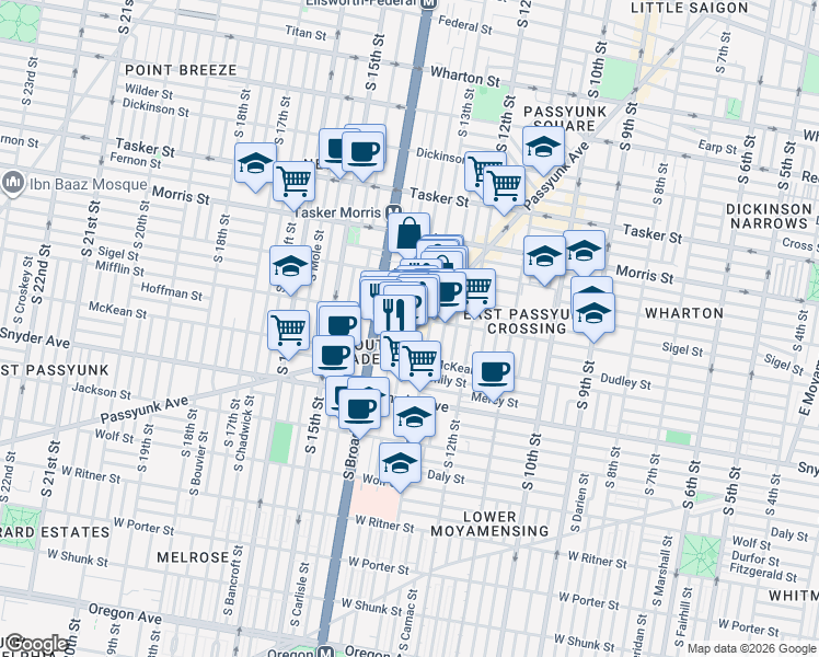 map of restaurants, bars, coffee shops, grocery stores, and more near 1912 East Passyunk Avenue in Philadelphia