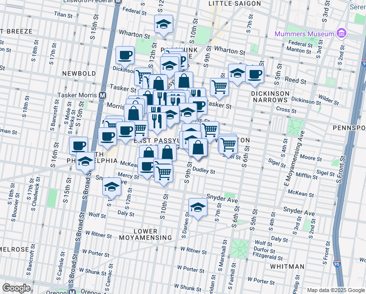 map of restaurants, bars, coffee shops, grocery stores, and more near 921 Sigel Street in Philadelphia