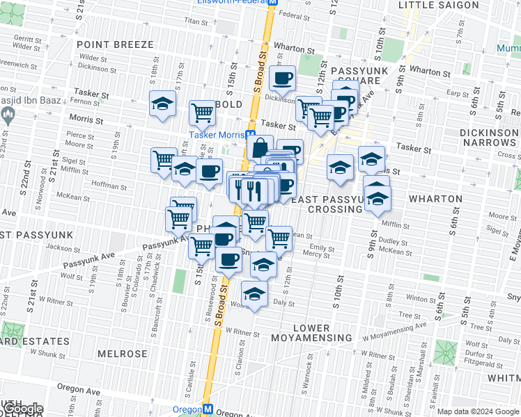 map of restaurants, bars, coffee shops, grocery stores, and more near 1912 East Passyunk Avenue in Philadelphia