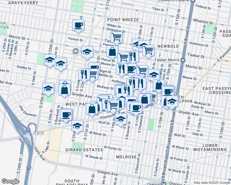 map of restaurants, bars, coffee shops, grocery stores, and more near 2015 South Garnet Street in Philadelphia