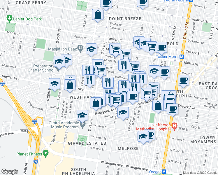 map of restaurants, bars, coffee shops, grocery stores, and more near 2000 Emily Street in Philadelphia