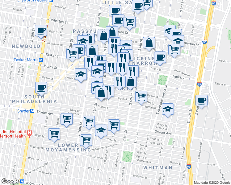 map of restaurants, bars, coffee shops, grocery stores, and more near 725 McClellan Street in Philadelphia