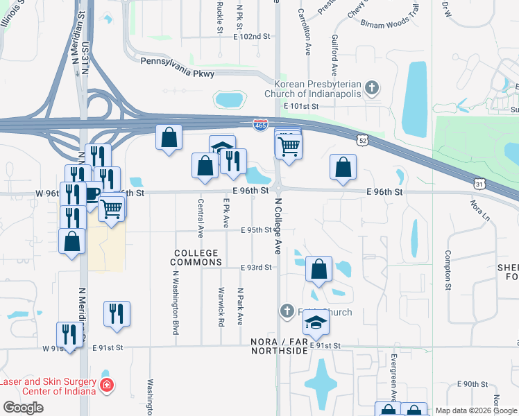 map of restaurants, bars, coffee shops, grocery stores, and more near 699 East 96th Street in Indianapolis