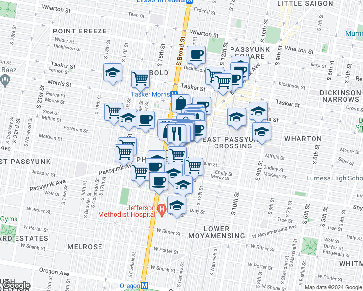 map of restaurants, bars, coffee shops, grocery stores, and more near 1912 East Passyunk Avenue in Philadelphia