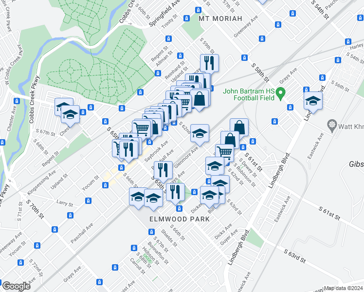 map of restaurants, bars, coffee shops, grocery stores, and more near 2305 South 63rd Street in Philadelphia