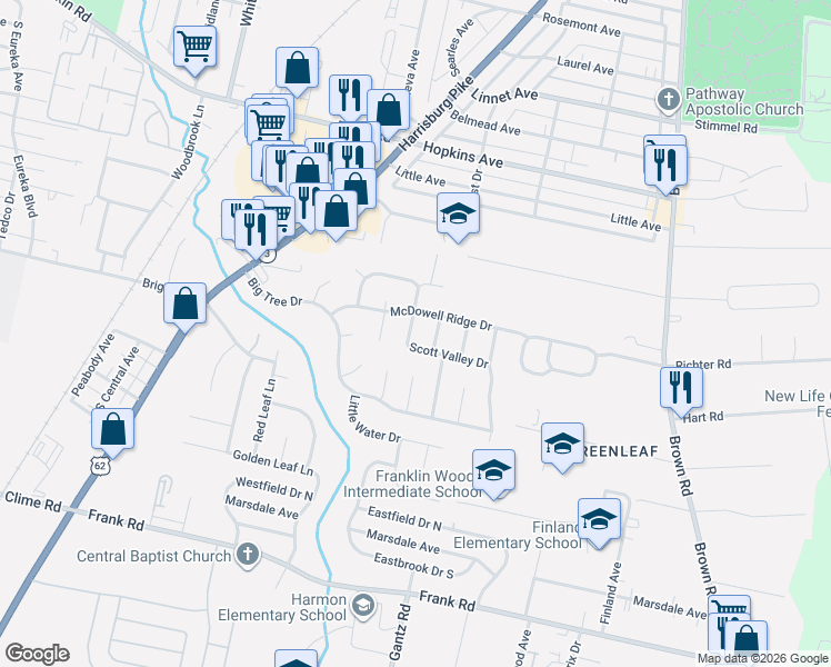 map of restaurants, bars, coffee shops, grocery stores, and more near 1964 McDowell Ridge Drive in Columbus