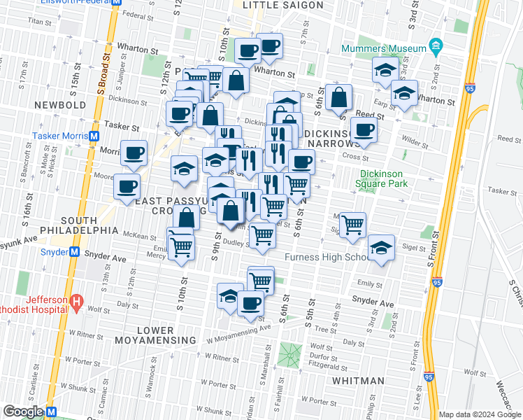 map of restaurants, bars, coffee shops, grocery stores, and more near 727 McClellan Street in Philadelphia
