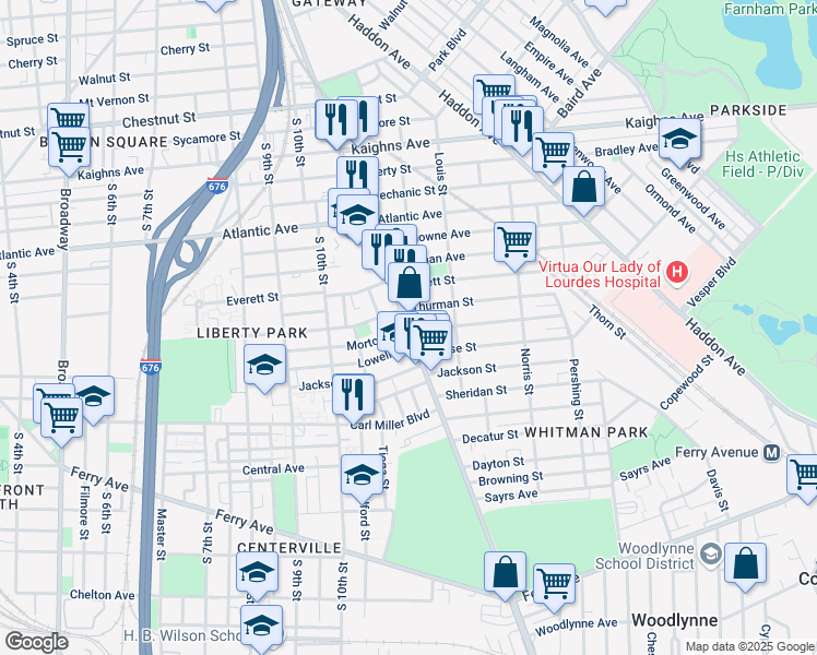 map of restaurants, bars, coffee shops, grocery stores, and more near Mt Ephraim Ave & Morton St in Camden