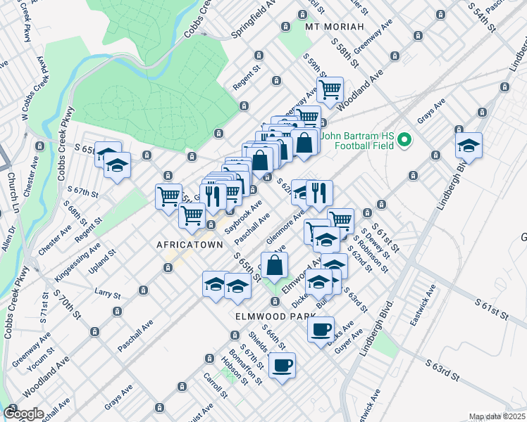map of restaurants, bars, coffee shops, grocery stores, and more near 6311 Paschall Avenue in Philadelphia