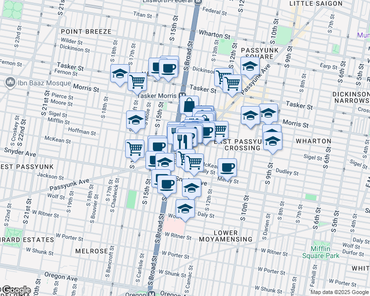 map of restaurants, bars, coffee shops, grocery stores, and more near 1326 Sigel Street in Philadelphia
