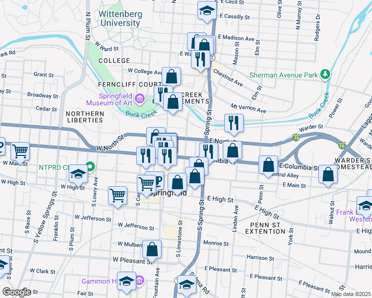 map of restaurants, bars, coffee shops, grocery stores, and more near 200 West Ward Street in Springfield