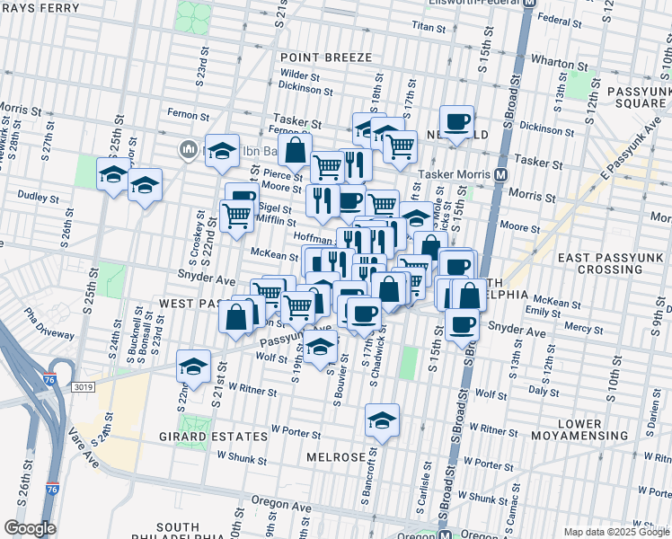 map of restaurants, bars, coffee shops, grocery stores, and more near 1825 McKean Street in Philadelphia
