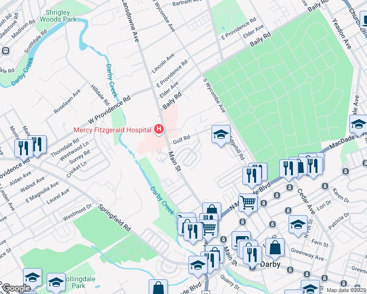 map of restaurants, bars, coffee shops, grocery stores, and more near 9 Golf Road in Darby