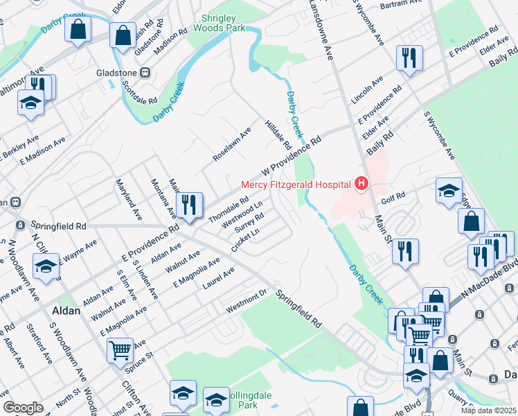 map of restaurants, bars, coffee shops, grocery stores, and more near 744 Westwood Lane in Aldan