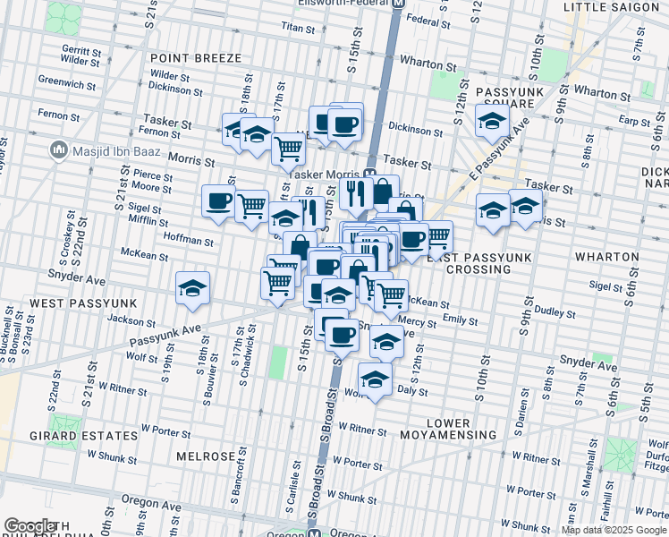 map of restaurants, bars, coffee shops, grocery stores, and more near 1913 South Broad Street in Philadelphia