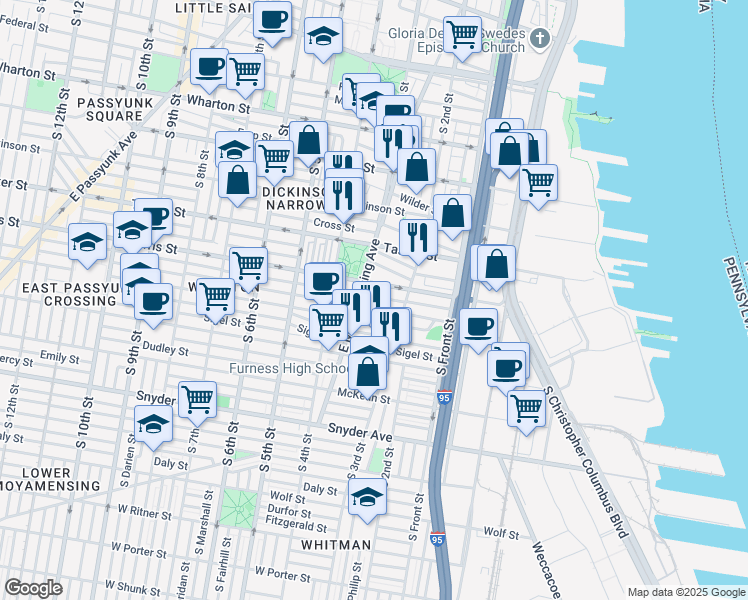 map of restaurants, bars, coffee shops, grocery stores, and more near 240 Watkins Street in Philadelphia