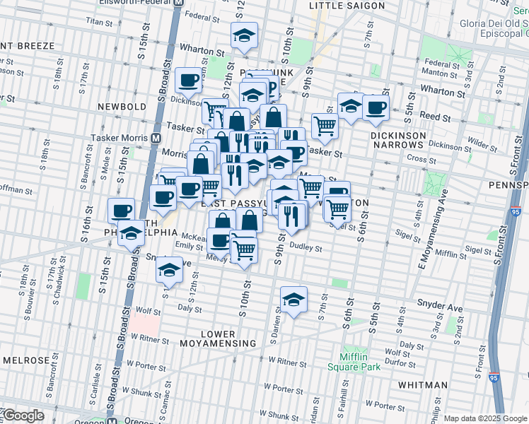 map of restaurants, bars, coffee shops, grocery stores, and more near 1803 South 10th Street in Philadelphia