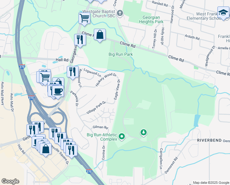 map of restaurants, bars, coffee shops, grocery stores, and more near 1321 Eagle View Drive in Columbus