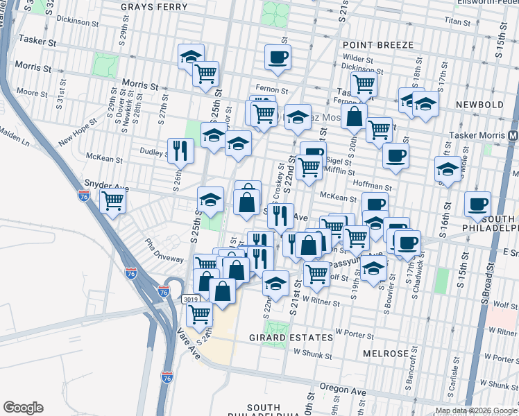 map of restaurants, bars, coffee shops, grocery stores, and more near 2049 South 23rd Street in Philadelphia