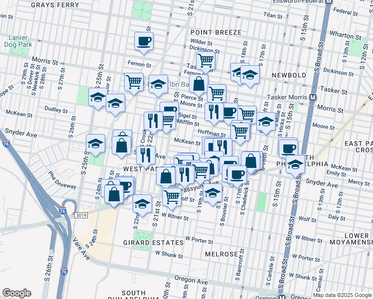 map of restaurants, bars, coffee shops, grocery stores, and more near 2008 Emily Street in Philadelphia
