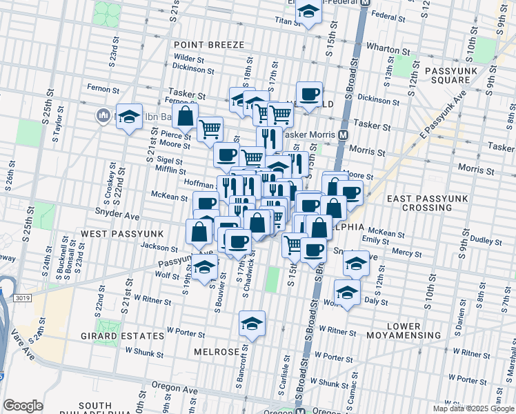 map of restaurants, bars, coffee shops, grocery stores, and more near 1946 South Chadwick Street in Philadelphia