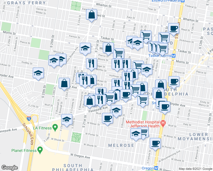 map of restaurants, bars, coffee shops, grocery stores, and more near 2016 South Opal Street in Philadelphia