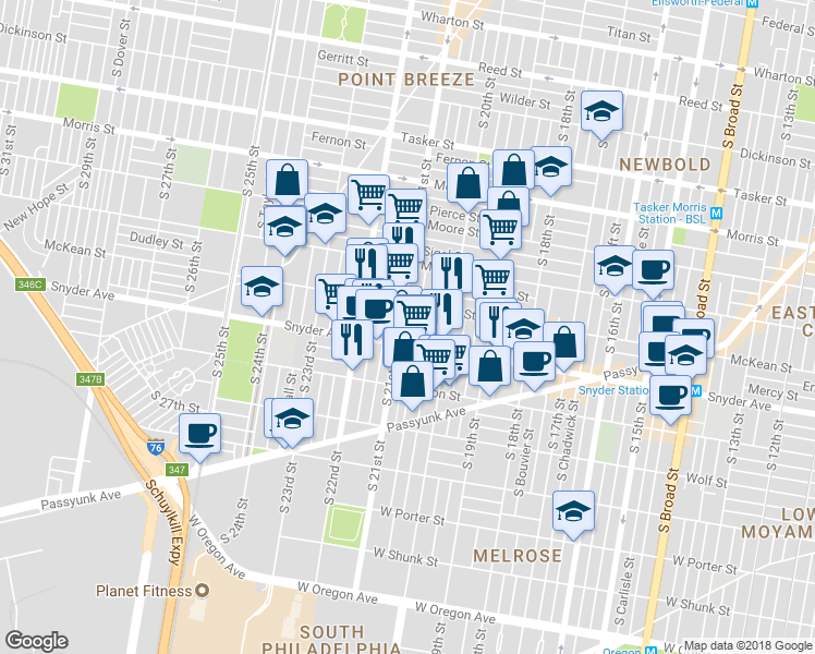 map of restaurants, bars, coffee shops, grocery stores, and more near 2061 Mercy Street in Philadelphia