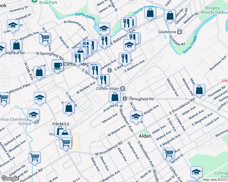 map of restaurants, bars, coffee shops, grocery stores, and more near 426 South Springfield Road in Clifton Heights