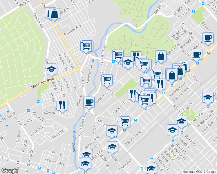 map of restaurants, bars, coffee shops, grocery stores, and more near 1839 South 68th Street in Philadelphia
