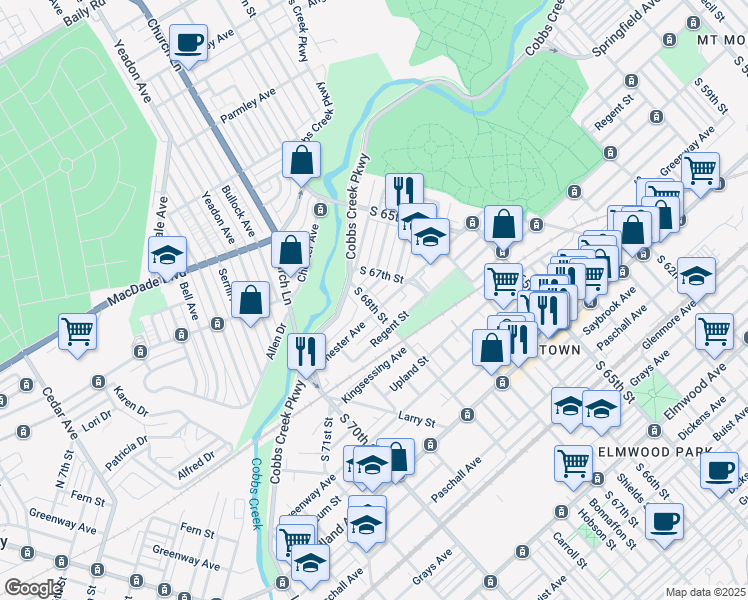 map of restaurants, bars, coffee shops, grocery stores, and more near 1839 South 68th Street in Philadelphia