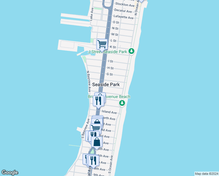 map of restaurants, bars, coffee shops, grocery stores, and more near 47 E Street in Seaside Park