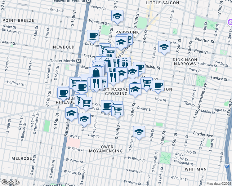 map of restaurants, bars, coffee shops, grocery stores, and more near 1025 Mifflin Street in Philadelphia