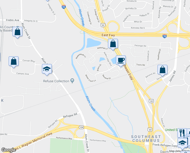 map of restaurants, bars, coffee shops, grocery stores, and more near 2170 Water Crest Lane in Columbus