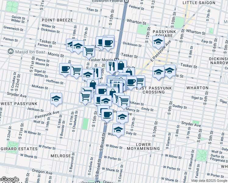 map of restaurants, bars, coffee shops, grocery stores, and more near 1913 South Broad Street in Philadelphia