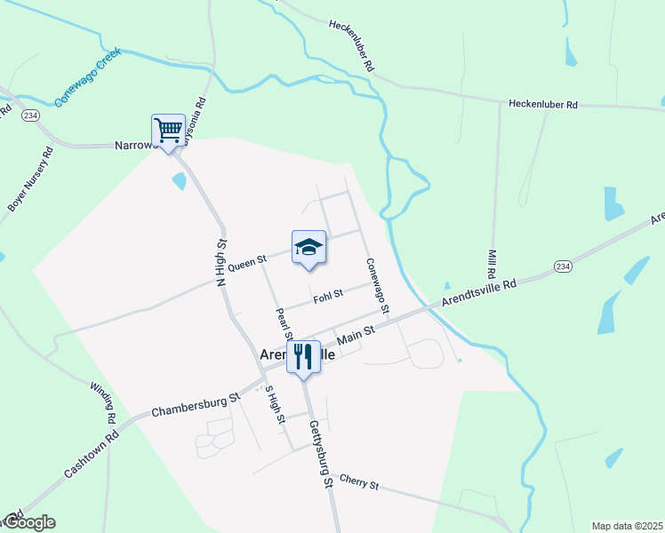 map of restaurants, bars, coffee shops, grocery stores, and more near 136 Fohl Street in Biglerville