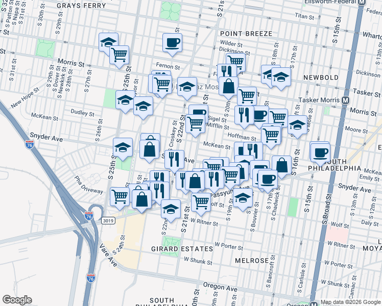 map of restaurants, bars, coffee shops, grocery stores, and more near in Philadelphia