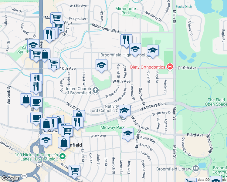 map of restaurants, bars, coffee shops, grocery stores, and more near 894 Hemlock Way in Broomfield
