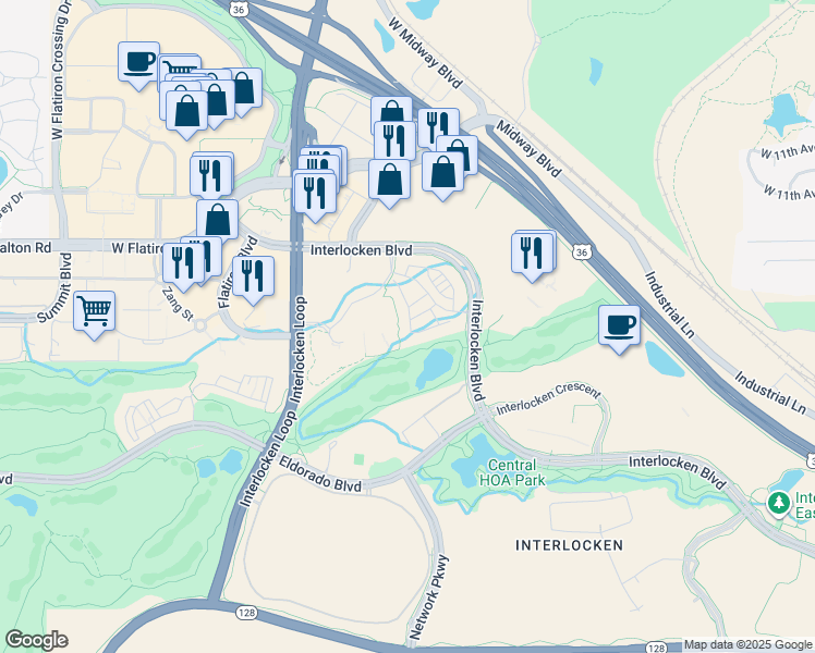 map of restaurants, bars, coffee shops, grocery stores, and more near 485 Interlocken Boulevard in Broomfield