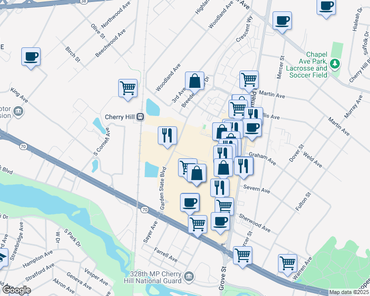 map of restaurants, bars, coffee shops, grocery stores, and more near 2405 Churchill Downs Way in Cherry Hill