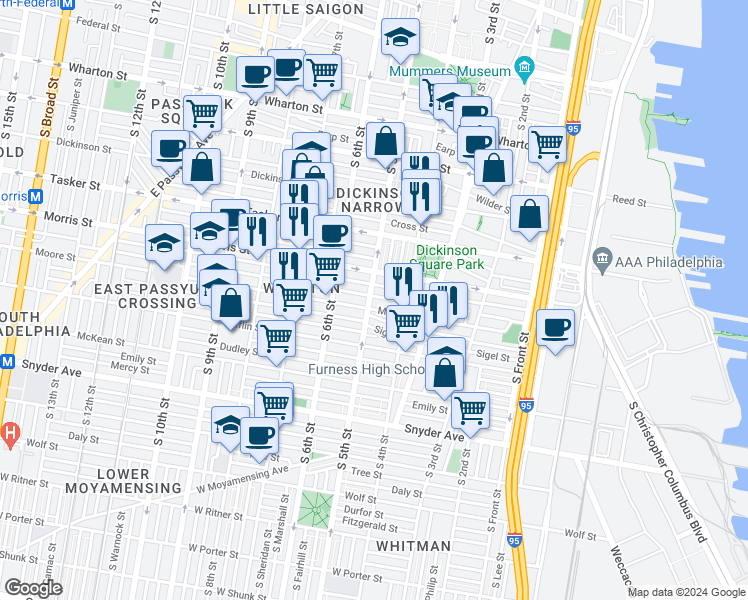 map of restaurants, bars, coffee shops, grocery stores, and more near in Philadelphia