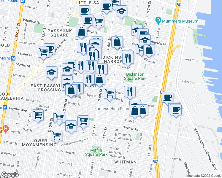 map of restaurants, bars, coffee shops, grocery stores, and more near 1730 South 5th Street in Philadelphia