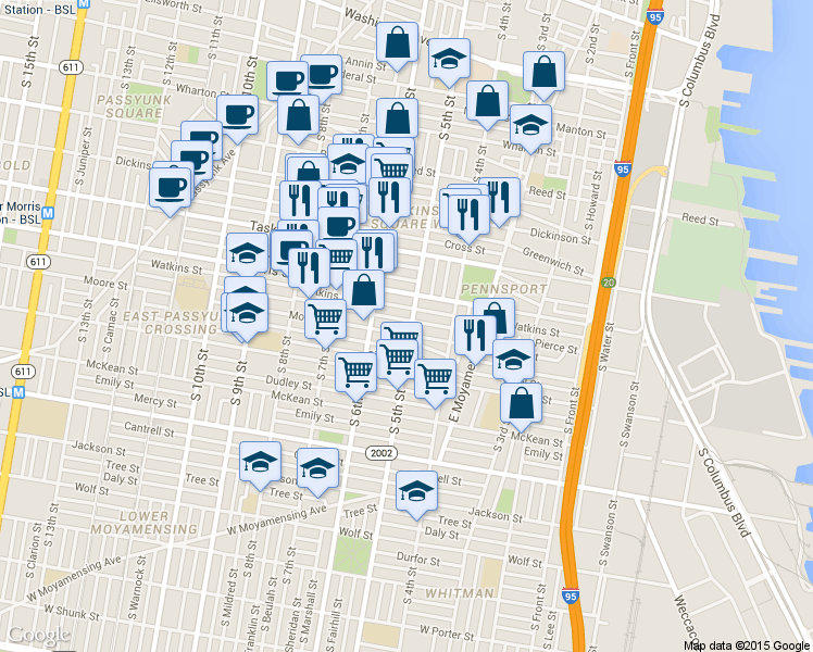 map of restaurants, bars, coffee shops, grocery stores, and more near 1730 South 5th Street in Philadelphia