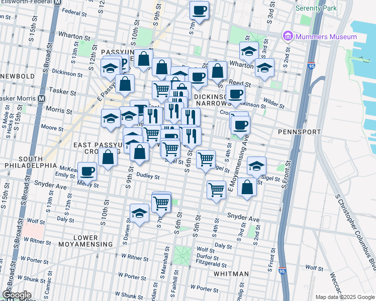 map of restaurants, bars, coffee shops, grocery stores, and more near 602 Watkins Street in Philadelphia
