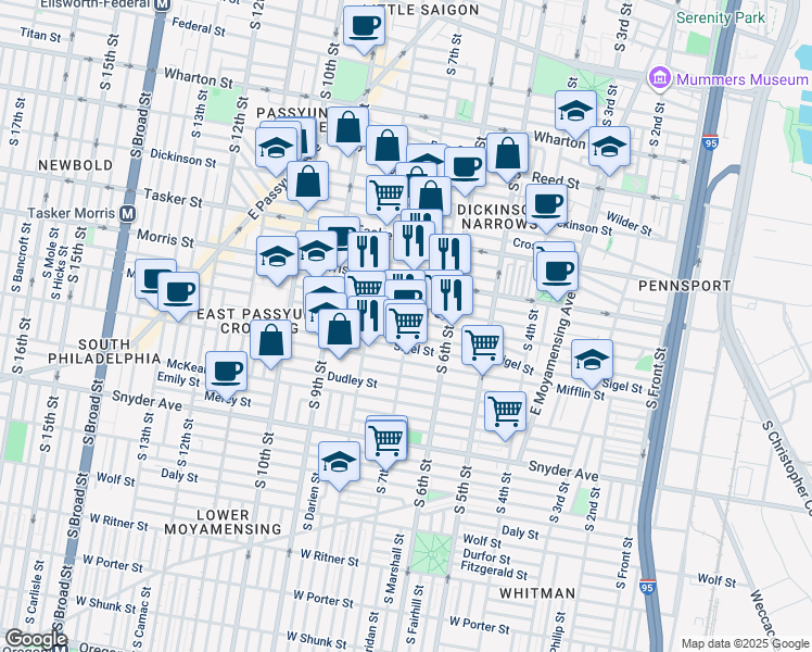 map of restaurants, bars, coffee shops, grocery stores, and more near 700 Moore Street in Philadelphia